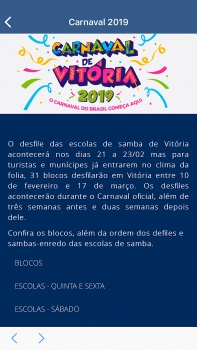 Tela inicial de informações sobre o Carnaval de Vitória 2019 no aplicativo Vitória Online