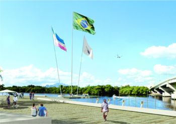 Pessoas no deck de frente para a Praça das Bandeiras