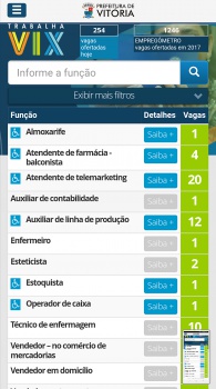 Tela do Aplicativo Vitória On Line destacando o Trabalha VIX