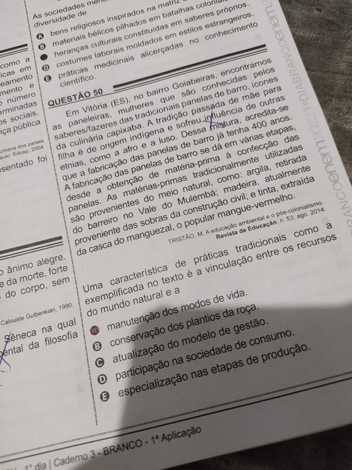 Questão referiu-se a produção das panelas ícones da culinária no Espírito Santo.