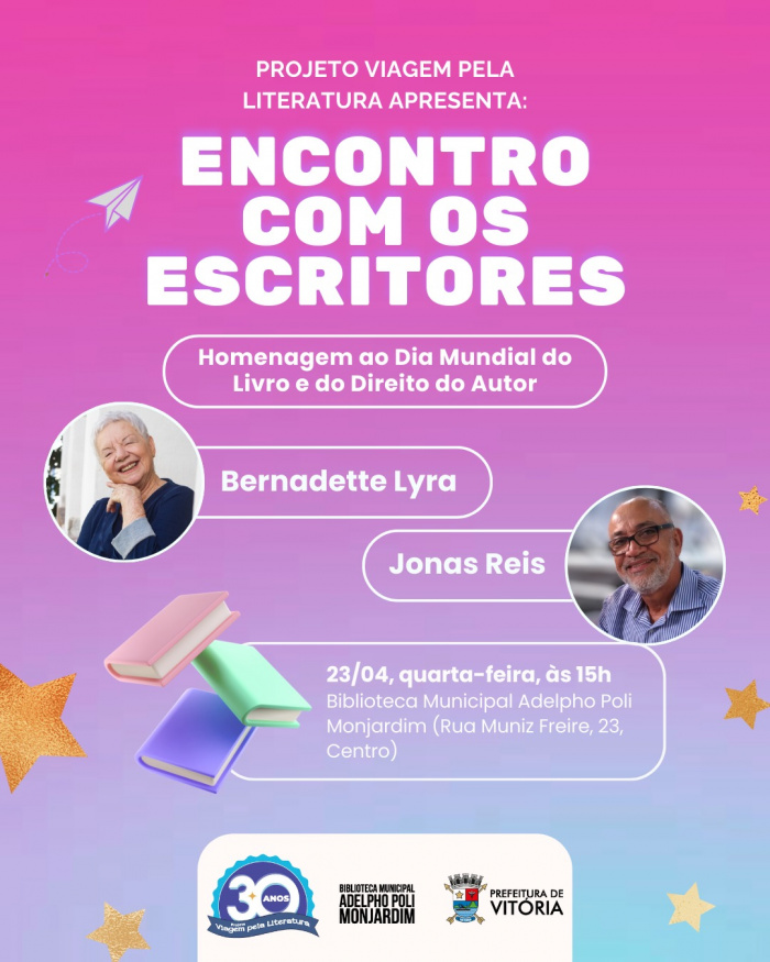 Encontro é gratuito e celebra Dia Mundial do Livro e do Direito do Autor.