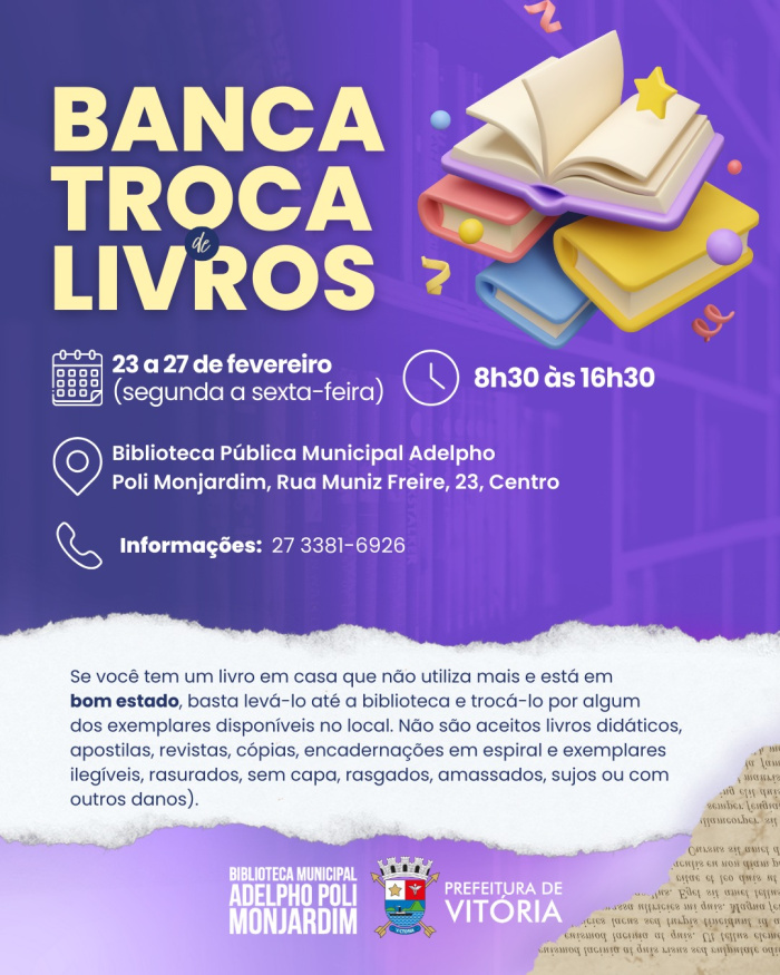 Banca troca de livros começa na próxima segunda-feira (23).